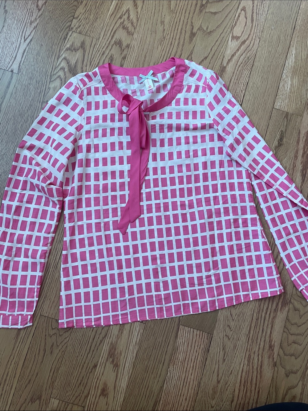 DownEast Pink Grid Tie-Neck Top